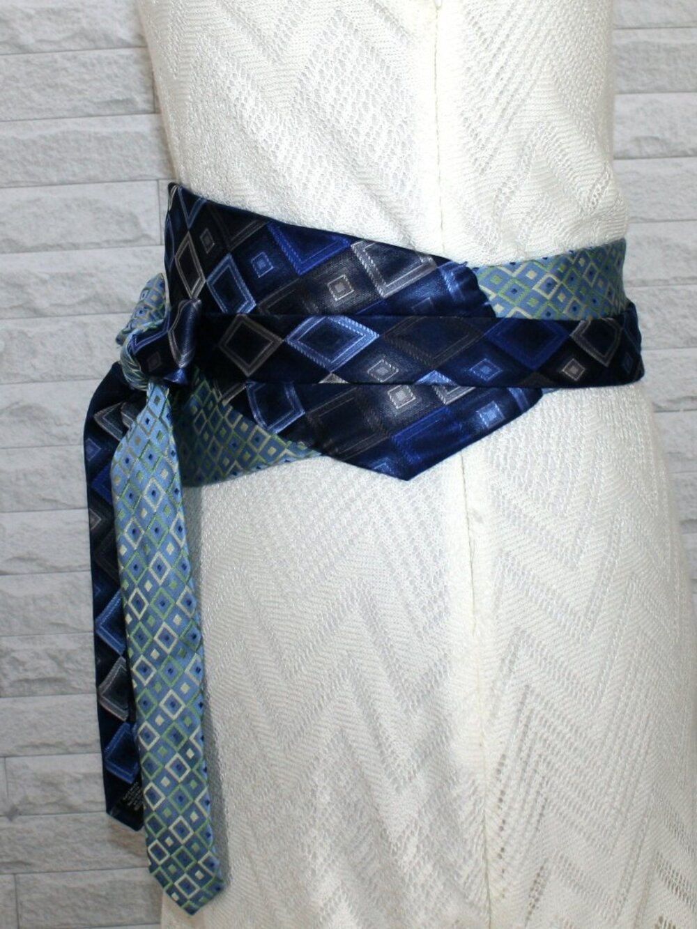 HAND CRAFTED Belt Necktie Upcycled Cummerbund Wrap Silk Wide Obi Waist Sash Blue - Picture 6 of 17